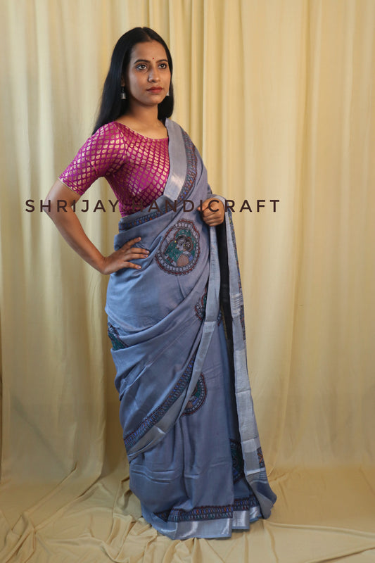 Cotton linen handpainted saree