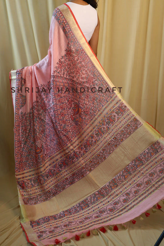 Cotton linen hand painted madhubani painting saree