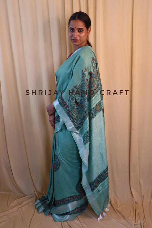 Cotton linen hand painted sareee