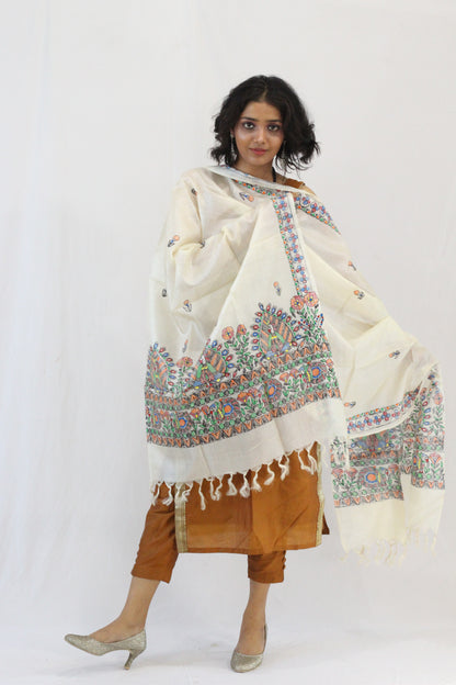 Mor handpainted on silk dupatta