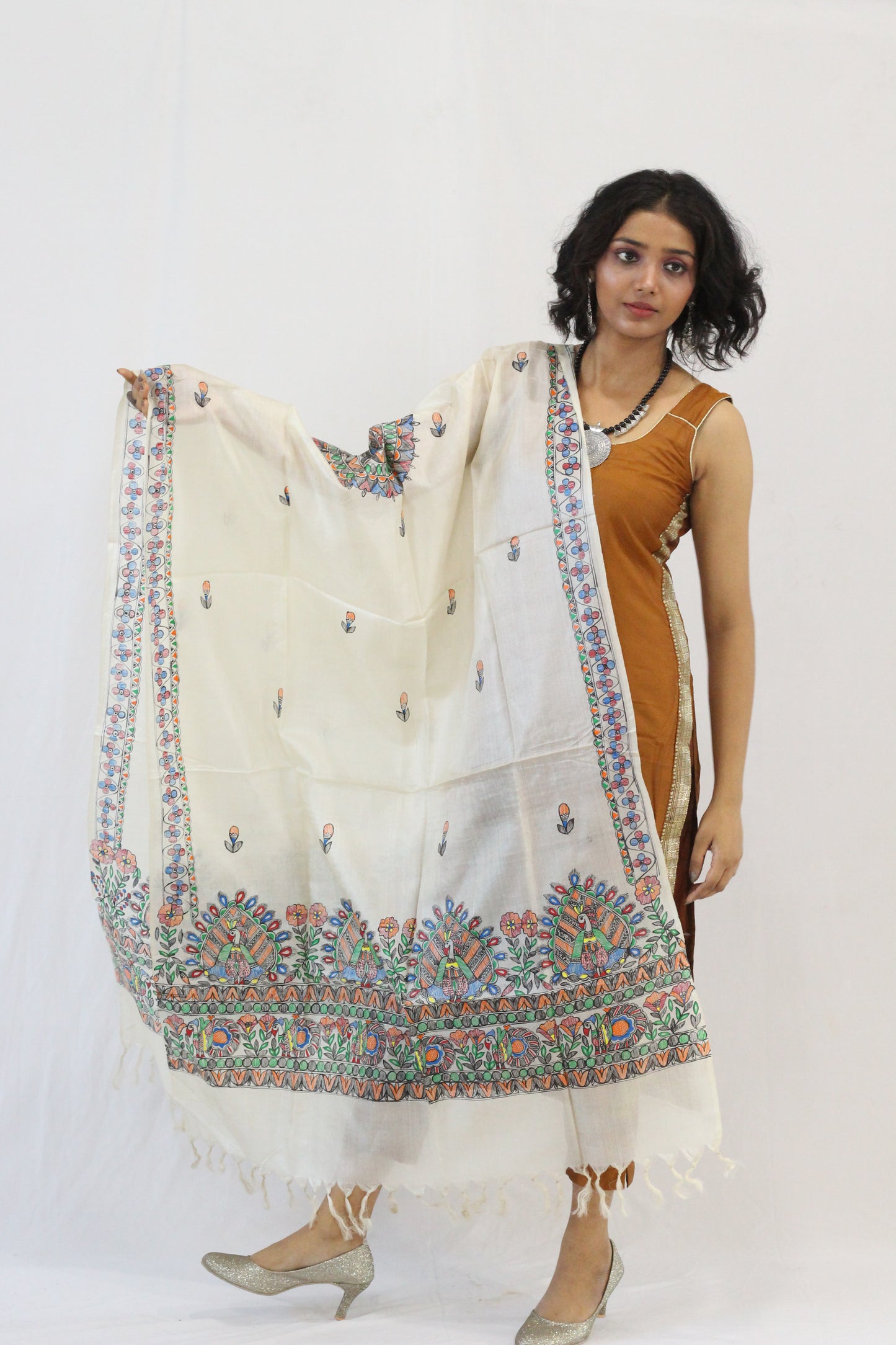 Mor handpainted on silk dupatta